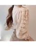 Petal Sleeve Stand yakalı içi boş çiçek dantel patchwork gömlek femme blusas allmatch kadınlar dantel bluz düğmesi beyaz üst 12419 220706