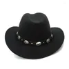Beralar% 100 Yünlü Vintage Womem Erkekler Western Cowboy Şapkası Geniş Brim Punk Kemer Kovboy Kız Caz Kapağı Deri Toca Sombrero 23berets
