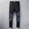 Mens svarta jeans med blå färg denim mager smal cyklist moto hiphop rak ben spray på vintage nödsträcka för killar man rip passar byxor lång blixtlås midvikt