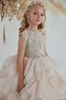 Robes de fille de fleur de paillettes roses robe de fête d'anniversaire appliques paillettes tulle dentelle volants sans manches col haut appliqué longueur de plancher sur mesure