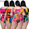 Fashion Large Two Pieces Swimsuit Set Women's Sexy Print Bandage One Shoulder Swimwear Tie Dye Tankini Clothing