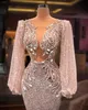 Rose Gold Evening Party Dresses Custom Made Sexy V Neck Long Sleeve Sequins Appliques Lace Stitched Banquet Temperament Long Gowns High Quality Prom Gowns Plus Size