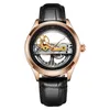 ساعة Wristwatches أزياء شفافة واحدة جسر الساعات الرجال Tourbillon Rose Gold Strap