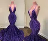 Purpurowy błyszczący cekin długości sukienki 2022 Sexy Backless Halter African Girls Mermaid Kobiety Formalne Wieczorowe Party Suknie Pro232