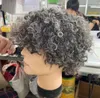 Curto prata cinza afro kinky encaracolado bob peruca para senhora sal e pimenta peruca de cabelo humano