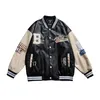 Chaquetas de los hombres Hombres Varsity PU Chaqueta de béisbol de cuero Hombres Mujeres Bordado de la vendimia Carta Patchwork Abrigos universitarios Hip Hop Bomber Coat Unisex