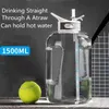 Outdoor Sports Large Capacity Water Bottle 1500ml Straw Bottles Drinking Hiking Camping Plastic Bottle YS0023(ocean)