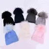 Kinderen Big Fur Pom Hat Winter Kids Girls Boys Wol Kinted Warm Hat Baby Breatie Hat Unisex J220722