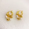 Oro Frijoles Perlas Studs Mujer Doble Círculo Pendientes 18K Oro Cubierta Latón