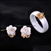 Earrings Necklace Jewelry Sets Madrry Cz Zircon Ceramic Rings Women Man White/Black Porcelain Rose Flower Aretes Wide Aros Anel Drop Deliv