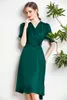 100% Natural Silk Women's Dress V Neck Short Sleeves Ruched Fashion Designer Outerwear Vestidos