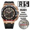 RS Factory Watches RSF 26401 44mm Rose Gold Cal.3126 / ETA7750 Automatic Chronograph Mens Watch Ceramic Bezel Black Dial Rubber Strap Gents Wristwatches