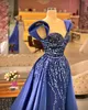 Royal Blue Prom Dresses V Neck Satin ApplQiUes Pailletten Mouwloos een lijn Hoge taille met afneembare treinavond formele jurken Graduation Girls Togels