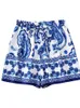 Damen-Trainingsanzüge, stilvolle Damen-Blau-bedruckte Hemd-Shorts, 2-teiliges lässiges Mädchen-Blusen-Set, Bohemian-Sommer-Y2K-Streetwear für den Urlaub