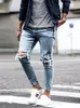 Streetwear Knee Ripped Skinny Jeans for Men Hip Hop Fashion Destroyed Hole Pants Solid Color Male Stretch Denim Trousers 220408