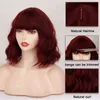 Short Bob Synthetic Wigs for Women Wavy with Bangs Wine Red Heat Resistant Fiber Cosplay Hair 220622
