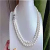 Handknutad handgjorda halsband Naturliga 7-8mm White Freshwater Pearl Double Layer 2 Rows Choker 17-18 tum