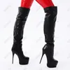 Rontic Handmade Women Winter Platform Knee Boots Faux Leather Stiletto Heels Round Toe Classics Black Party Shoes US Size 5-20