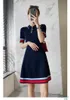 Nowy blok kolorów damskich Odkręć kołnierz z krótkim rękawem A-line zwykła letnia sukienka Smlxlxxl