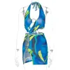 Casual vestidos joskaa halter linha sem encosto bainha mini verde feriado verão praia desgaste 2022 mulheres gráfico impresso bodycon vestido