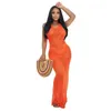 Womens Maxi Dresses 2022 Summer Perspective Sexy Beach Dress Fashion Hollow Out Knitted Neck Tie Long Skirt Clubwear