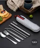 8Pcs/set Tableware Reusable Travel Cutlery Set Camp Utensils Set with stainless steel Spoon Fork Chopsticks Straw Portable case 220307