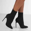 2022 Luxury Women Nude Black Stretch Fabric Sock Boots Square Toe Yarn Elastic Knitting Ankle Boots Lady Thick High Heels Shoes Y220729