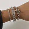 4 Stück/Set Strass-Armband-Set, kubanische Glieder-Armreifen für Damen und Herren, verstellbar, luxuriös, glänzend, klarer Kristall, klobiger l-Charm, Handschmuck, Geburtstagsgeschenke WKAC