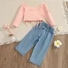 Citgeett Sonbahar Kids Girls T-Shirt ve Jeans Suit Moda Uzun Kollu Kırpılmış Üstler Bölünmüş Denim Pantolon Bahar Giyim Seti J220711