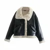 Women Fashion Thick Warm Faux Leather Shearling Jacket Coat Vintage Long Sleeve Flap Pockets Female Outerwear Chic Tops