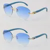 Gafas de sol sin montura de metal de madera azul de diseñador Newl para mujer Lente de mariposa de gran tamaño Gafas de sol de ojo de gato de madera redondas grandes de gran tamaño Tamaño del marco del hombre: 60-18-140MM