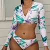Kadın Mayo Seksi Yüksek Bel Bikini Seti Fermuar Bandeau Uzun Kollu Kadın Baskı Çiçek Mayo Mayo Beach Biquini