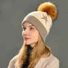 Women Real Fur Hat Big Raccoon Fur Pom Hats Hat Winter Autumn Knitted Wool Skullies Cashmere Cap Warm J220722