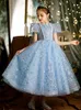 2022 Vintage Flower Girl Sukienki na suknie ślubne Suknie Płaskie Długość Lace Tulle Krótki Rękaw Girls Pagewant Princess Cekinowa sukienka urodzinowa
