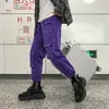 Calças de cargo de rua de rua masculino masculino calça de hip hop calças bolsos de harém calças roxas calças coreanas 220817