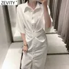 Zevity Women Chic Fashion Buttonup Draped Midi Shirt Dress Vintage Short Sleeve Side Zipper Female Dresses Vestidos DS8602 220527