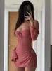 Casual Dresses Elegant Baby Pink Cutout Halter Mini Dress For Women 2022 Club Party Sexy Drawstring Mesh Ruched Clothes VestidosCasual