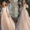 TULLE CHAMPAGNE Élégant robes en ligne Slevés Lantern Lace Applique Bohomia Mariage Bride Bridal Vestido de Novia