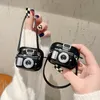 Mode Unik 3D Cool Fun Cartoon Retro Kameraformad Headphone Tillbehör Mjuk Silikon Väska med Lanyard Rem för AirPods 1 2 Pro 3 Bluetooth