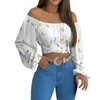 Summer Women Daisy Print Crossed Tied Back Crop Top 2022 Femme Casual Off Shoulder Ruched Lantern Sleeve Blouse y2k Lady Outfits L220705
