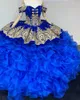 Charro Robes De 15 Anos Bleu Royal Quinceanera Robes Fer À Cheval Dentelle Mexicaine XV Filles Pageant Robes Organza Robe De Bal 322