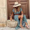 Kobiety boho długie sukienka 2022 Summer elegancki V Neck krótki rękaw Paisley Pasek Pasek Maxi Sukienki żeńskie sukienki na plaży G220510