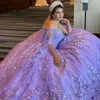 Lavanda Lilás Butterfly Quinceanera Vestidos com Long Cape Wrap 2022 Applique Floral Lace-up Espartilho Vestido Para 15 Anos