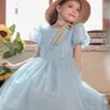 Flickor klänning elegant sommar ny prinsessa mesh fe fairy western stil kostymer barnkläder blomma klänningar boll klänning rocks