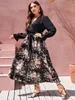 Casual Dresses Plus Size Dress Women Summer V Neck Long Sleeve Floral Print Patchwork Belt High midje Maxi Boho Dressescasual