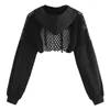 Schwarze Hoodies für Frauen, aushöhlen, Crop-Tops, Netz-Patchwork, kurzes Sweatshirt, langärmelig, Herbst-Tops und Pullover a220813