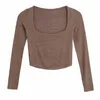 Herfst vrouwen vierkante kraag breien korte t-shirt casual femme o hals lange mouwen crop tops T1380 220328