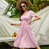 Casual Dresses Summer Women Floral Print A-line Chiffon Dress 2022 Ladies Retro V-neck Short-sleeve Beach Long Robe Vestido FemmeCasual