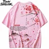 Mężczyźni Hip Hop T Shirt Streetwear Japoński Sakura Malarstwo Tshirt Krótki Rękaw Bawełniany Summer Harajuku Koszulka Japonia Styl Pink 220408