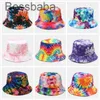 Mujeres Hombres Sombrero de cubo Tie Dye Harajuku Flor Contraste Color Reversible Packable Ala ancha Visera para el sol Hip Hop Gorra de pescador de algodón 849